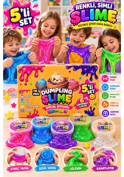 Oyuncak Dumpling 5'li Slime Simli Parlak Renkli Esnek Yumuşak Doku Oyun Jeli Oyun Hamuru Çin Mantısı Sukuşi Çok  Renkli
