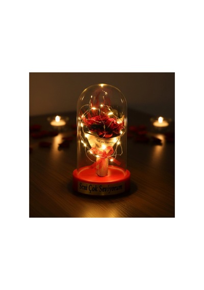 2 Adet Gül Buketi Ledli Fanus Led Aydınlatmalı Şeffaf Fanus, Üç Güllü Buket, Masa Komodin Dekor Three Rose Bouquet, Led Decorative Cloche