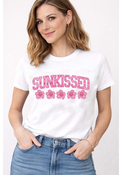 Herkesemoda Sunkissed Baskılı Çiçek Desenli Bisiklet Yaka Pamuklu Basic T-shirt Beyaz