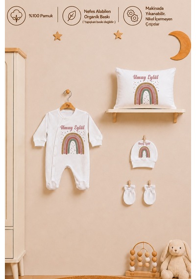 Pia Baby Kız Bebek İsimli Hastane Çıkışı 6 Parça Tulum Şapka Eldiven %100 Pamuk Hediye Seti 1107tybk0x Krem