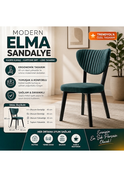 Teknor 4 Adet Elma Sandalye Modern Kadife Kapitone Sırtlı Mutfak Yemek Odası Balkon Kafe Sandalyesi 85 Cm Gri