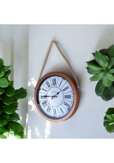 Halatlı Bakır Renkli Metal Çerçeveli Eskitme Duvar Saati 36 Cm Bakır