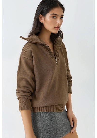 Hiccup My Fashıon Fermuarlı Yaka Oversize Triko Kazak Mocha Kahvesi