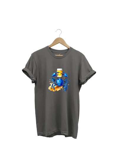 Yaz Baskılı Mavi Yengeç %100 Pamuk Regular Fit Bisiklet Yaka Gri T-shirt Gri