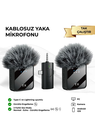 Genz Bilişim Kablosuz Yaka Mikrofonu Tip-c Android Kamera Apple Uyumlu iPhone Stüdyo Mikrofonu Için Ses Video Canlı Yayın Siyah