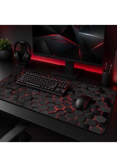 90x40 Cm Mouse Pad, Neon Kırmızı Petek Desenli Büyük Mouse Pad, Kaymaz Kauçuk Tabanlı, Dikişli Kenarlı 3 Mm Klavye Ve Mouse Altlığı, Xxl Desk Mat