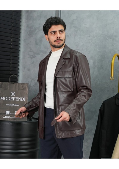 Modefendi Torba Cep Kemer Detaylı Deri Mont Kahverengi