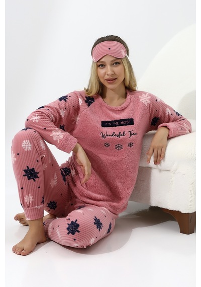 Fawn 5009 Peluş Welsoft Polar Kışlık Yumoş Kadın Pijama Takımı Pudra