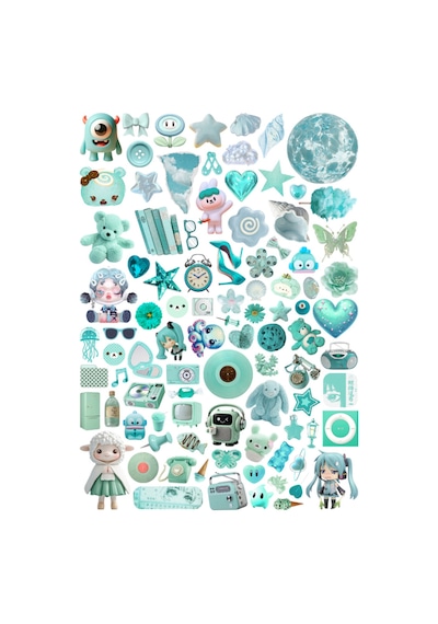 92 Adet Downtown Grunge Turkuaz Temalı Planlayıcı Sticker Seti - Etiket Seti Scrapbook Bullet Journal