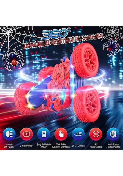 Uzaktan Kumandalı Işıklı Akrobat Araba 360 Derece Takla Atan Duman Püskürten Şarjlı Oyuncak Araba Spiderman