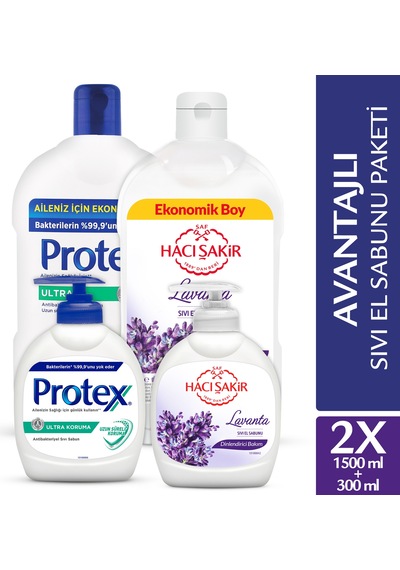 Hacı Şakir Lavanta Sıvı Sabun 1500 ML + 300 ML + Protex Ultra Koruma Sıvı Sabun 1500 ML + 300 ML