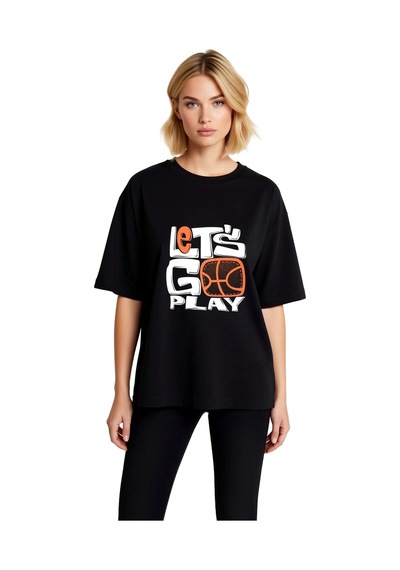 Paybuy Kadın Oversize Basketbol Baskılı Kısa Kollu Tişört Vintage Spor T Siyah