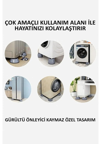 Beyaz Eşya Ayağı Çamaşır Makinesi Mobilya Titreşim Önleyici 4'lü Set Ve 4cm Yükseltici Kaydırmaz Gri Diğer