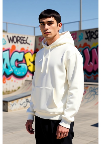 Benerly Erkek Kapüşonlu Düşük Kol Uzun Kollu Oversize Kalıp Sweatshirt Fo Ekru