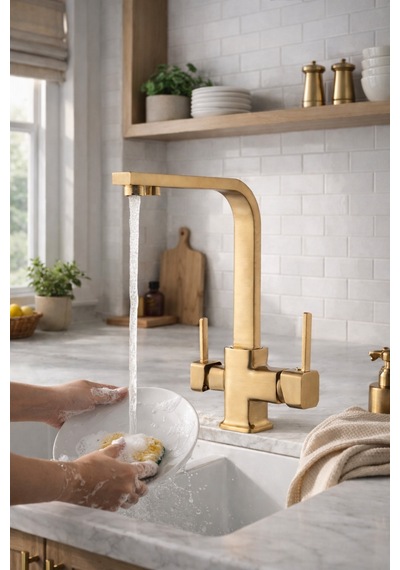 Rena Design Mat Gold Aritmali Mutfak Eviye Bataryasi 3 Yollu Kare Mutfak Musluk Prinç Garantili Altin Armatür