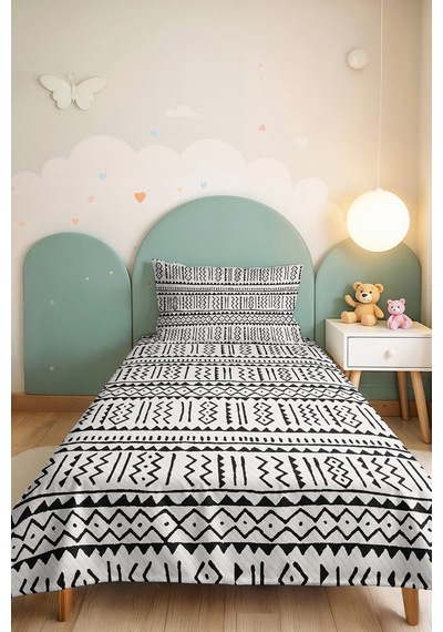 Siyah Geometrik Genç Odası Tek Kişilik Pike Takımı - Bohem Modern 160x220 Cm Kapitone Yatak Örtüsü Kışlık Meltem Kıyımı