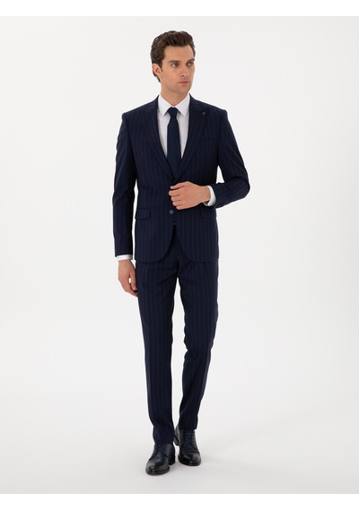 Cacharel Koyu Lacivert Slim Fit Çizgili Kırlangıç Yaka Yün Takım Elbise