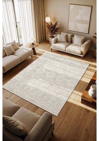 Cotto Motto Tt008a Krem Halı Modern Geometrik Desen Pamuk Taban Yıkanabilir Salon Mutfak Halısı