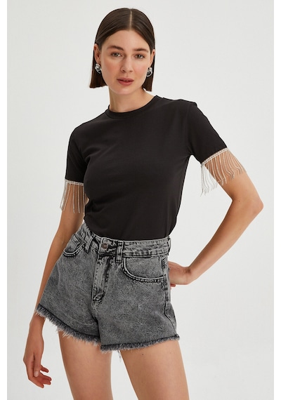 Park Karon Kadın Kolları Zincir Detaylı Basic T-shirt Siyah
