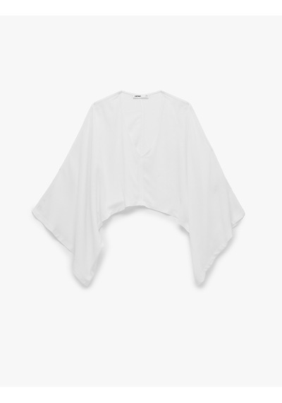 Koton Keten Karışımlı Geniş Yarasa Kol Asimetrik Kesim Dökümlü V Yaka Panço Crop Bluz Beyaz 6sak60022pw