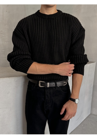 Erkek Fitilli Örme Oversize Kazak Siyah
