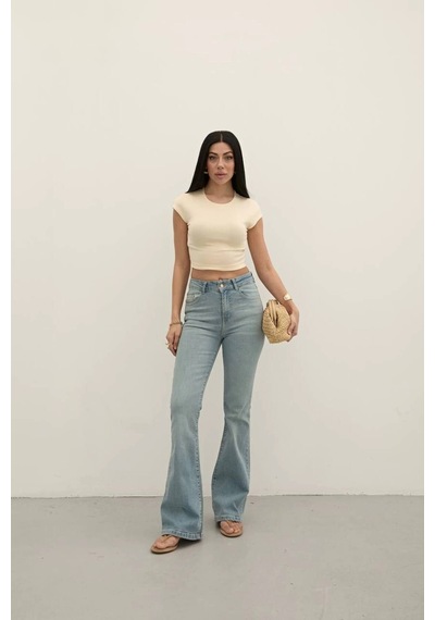 Light Blue Premium Yüksek Bel Bronz Düğmeli İspanyol Paça Jeans Light Blue