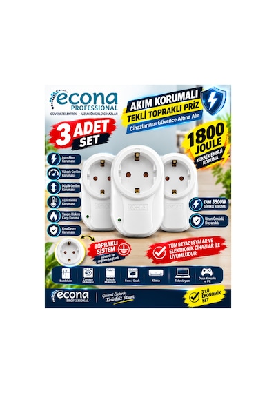 3 Adet ---3500w Akım Korumalı Tekli Topraklı Priz 3'lü Eko Set - 1800 Joule Yüksek Gerilim & Aşırı Akım Korumalı Paketi 0