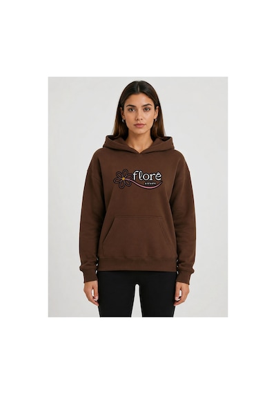 Herkesemoda Flore, Baskılı Kapüşonlu 2 İplik Şardonlu Sweatshirt Kahverengi