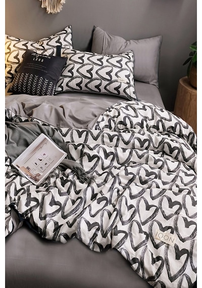 İqon Lastikli Çarşaflı Nevresim Takımı Tek Kişilik Love Kalp Gri