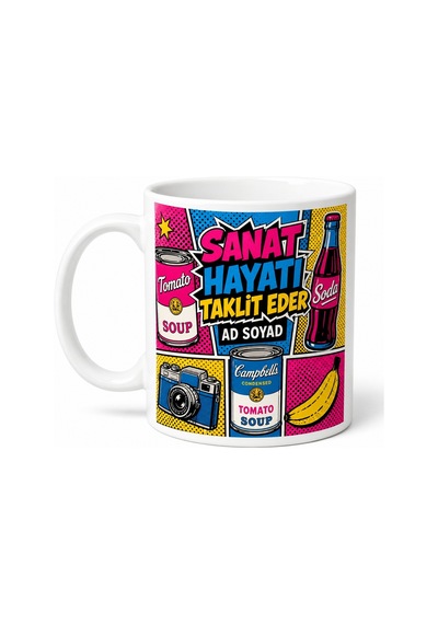 Pop Art Renkleri Göz Alıcı Retro Tüketim Kültürü Baskılı Porselen Kupa Bardak Hediye Beyaz / Çok Renkli