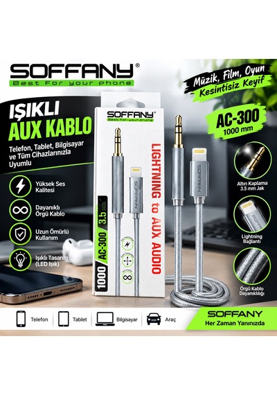 Soffany Ac-300 Işıklı Hasır Örgü Lightning Aux Kablosu 1 Metre - Lisinya Diğer