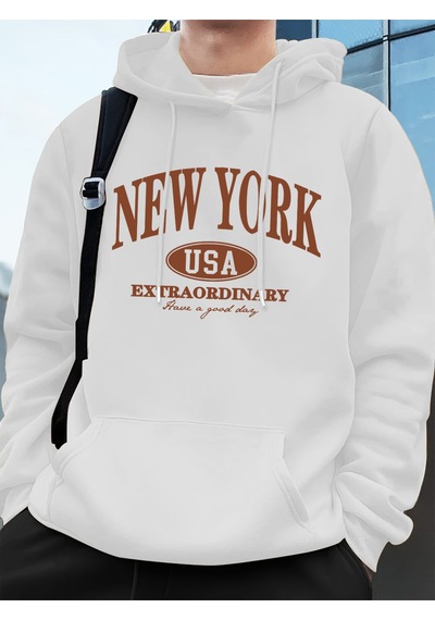 Startmore Startmorenew York Abd Kelimeler Baskılı Erkek Sweatshirtleri Kışlık Oversize Kapüşonlu Üstler Spor Cep Beyaz