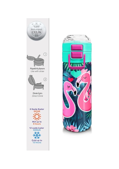 Coral High Kids Neon Mercan Su Yeşili Flamingo Desenli Pipetli Ve Direkt İçim Çelik Termos 500 Ml 31819 Su Yeşili
