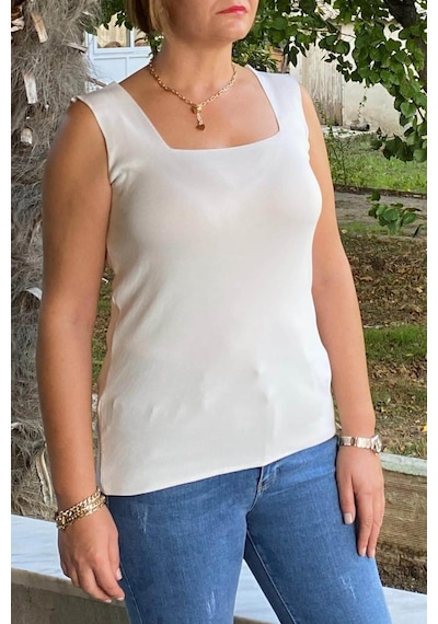 Mia Butik Büyük Beden Beyaz Kare Yaka Triko Bluz -1270 Beyaz