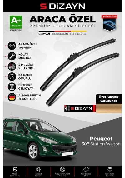 S-dizayn Peugeot 308 Station Wagon Ön Cam Silecek Seti 2008-2014 Premium Araca Özel 75-65 Cm A+ Kal