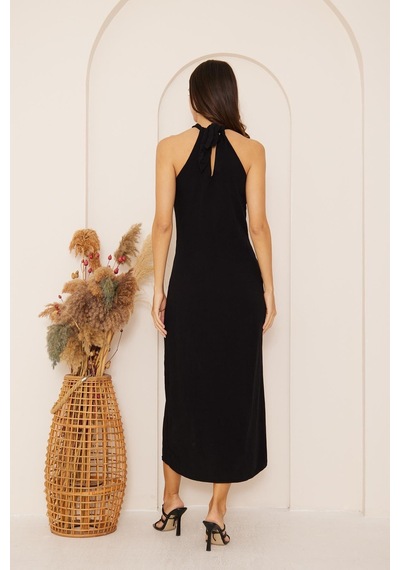 Darlin Moda Yakası Zincir Detaylı Yırtmaçlı Kolsuz Elbise Dm1026
