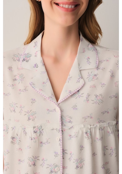 Suwen Butterfly Pamuklu Gömlek Yaka Pijama Takımı Sh26602660b338 Ekru