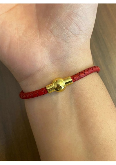 Unisex Çivi Model Gold Renk Detay Kırmızı Bileklik Kırmızı