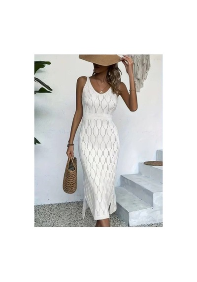 Butik İstanbul Kadın Askılı V Yakalı Uzun Triko Elbise Beyaz