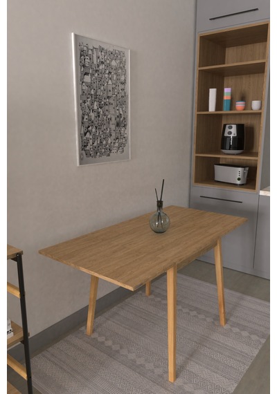 Vilinze Avanos Ahşap Katlanır Kanatlı Mdf Mutfak Masası - 70x70+70 70x140 Cm Naturel