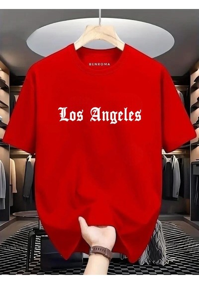 Los Angeles Baskılı Oversize Tişört Kirmizi
