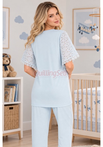 Lady Bebe Mavi Renkli Dantel Detaylı 33207 Kısa Kol 2 Parça Lohusa Hamile Pijama Takımı Açık Mavi