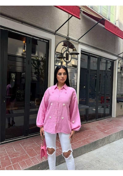 WeShaya Pembe Müslin Nakışlı Viskon Gömlek Pembe