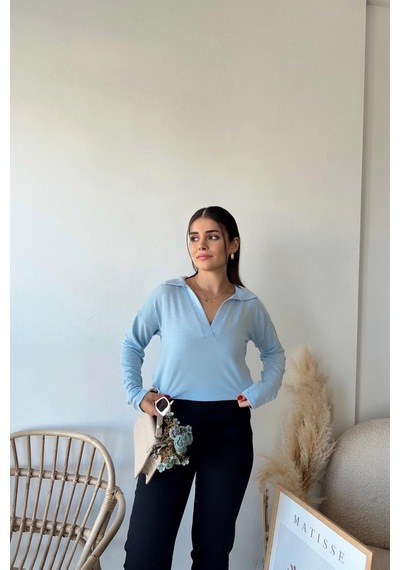 WeShaya Kadın Bebe Mavi Polo Yaka Keten Bluz, Uzun Kol, Regular Kesim, Günlük Ve Spor Sweatshirt Bebe Mavi