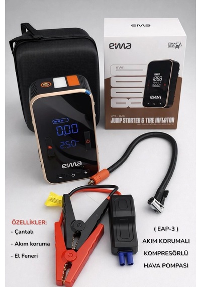 Eima 4 Ü 1 Arada Akü Takviye Cihazı Kompresörlü Hava Pompası Şarjlı El Fenerli Çantalı 8000 Mah