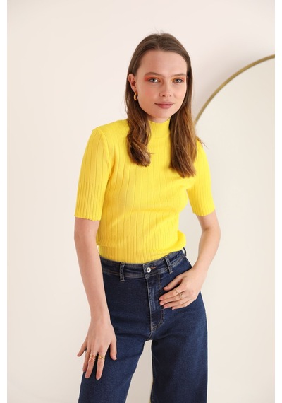 Triko Kumaş Balıkçı Fitilli Kadın Bluz-sarı Çok Renkli