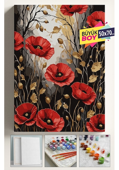 Sayılarla Boyama Seti Numaralı Tuval Fırça Boya Dahil Kasnaklı Set 50x70 Cm Altın Gelincik