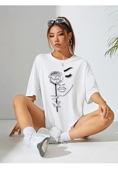 Uyguntarz Unisex Gül & Siluet Baskılı Tasarım Tshirt Beyaz