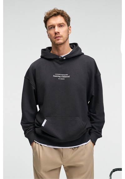 Grimelange CLAY Erkek %100 Pamuk Kapüşonlu Çıtçıtlı Baskılı Cebi Süs Etiketli Antrasit Sweatshirt