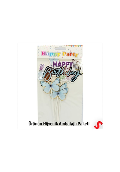 Kelebekli Happy Birthday Pasta Süsü 4 Lü Set - Mavi